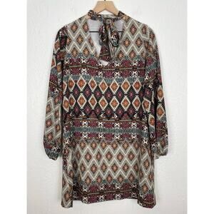 Veronica M. Geometric Print Long Sleeve Tie-Neck Dress Size Medium